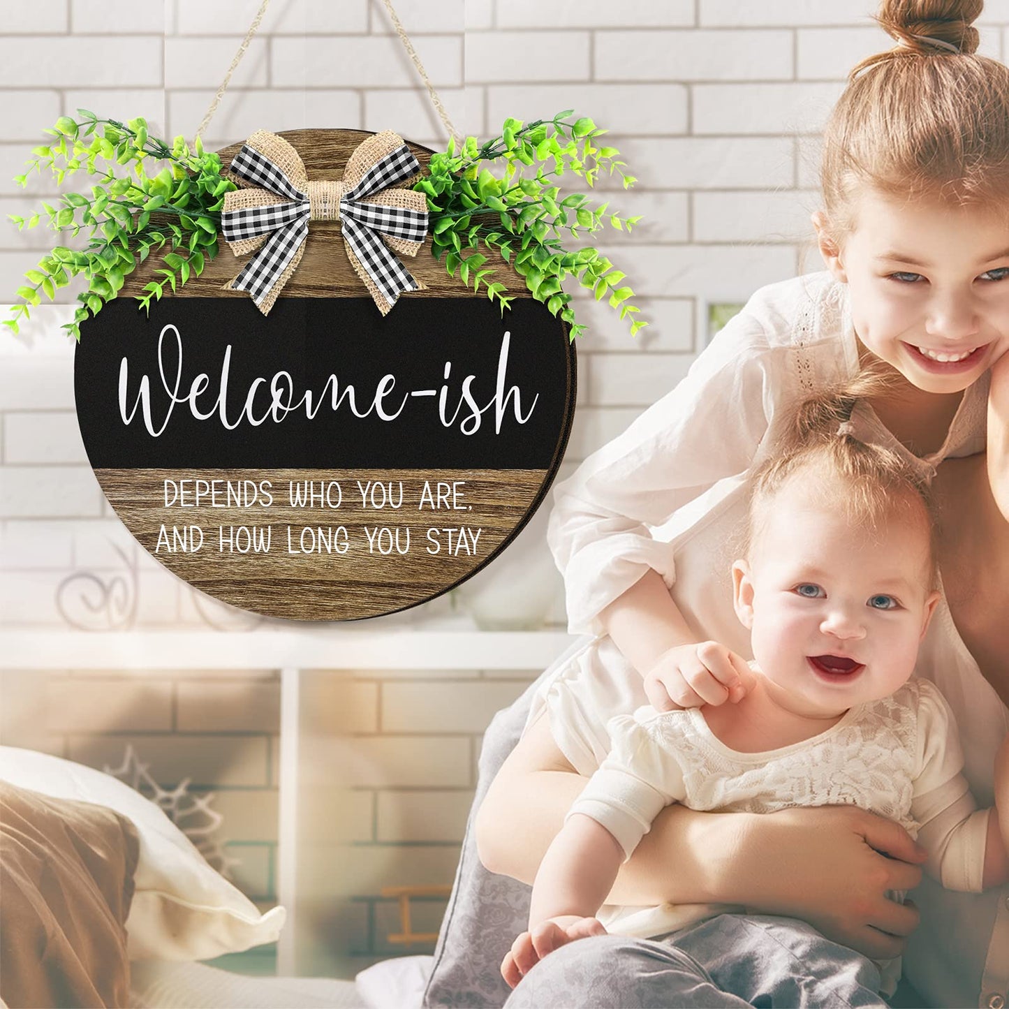 Jetec Welcome Sign for Front Door Hanging Wooden Plaque with Artificial Leaves Round Rustic Wood Farmhouse Wreath Porch for Housewarming Home Front Door Decor, 12 Inch(Classic Foliage,Retro Style)