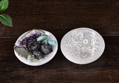 AMOYSTONE Natural Selenite Charging Bowl with Tree of Life Engraving 3.5-4'' Energy Cleansing Crystal Plate for Healing Meditation and Spiritual Home Decor