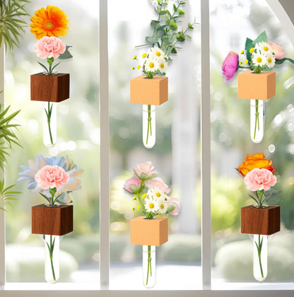 NUOLUTH 6PCS Mini Plant Propagation Station Set - Glass Test Tube Vases with Magnet and Adhesive Backed Wooden Holders for Window, Fridge, Wall, Office, Kitchen Decor, Home Plant Display