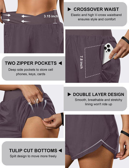 Blooming Jelly Women's Workout Shorts Athletic Running Cross V Cut Waist Work Out Preppy Shorts with Zipper Pockets (Coffee,XX-Large)