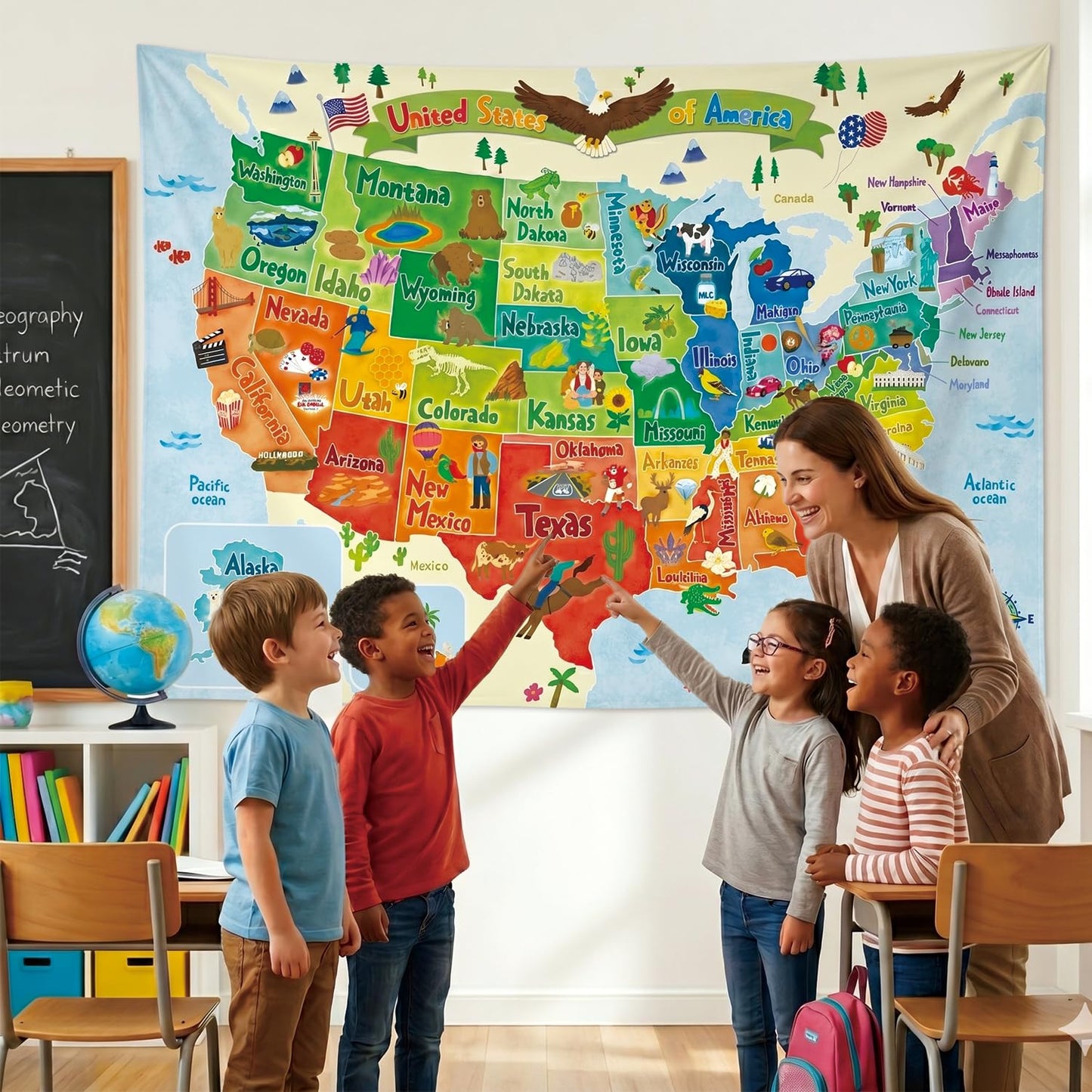 BASHOM TP-008 United states MAP Tapestry 60''x40''(150x100cm) Poster for Kids Educational learning Wall Hanging for Bedroom Living Room Nursery Dorm Home Decor USA America US map