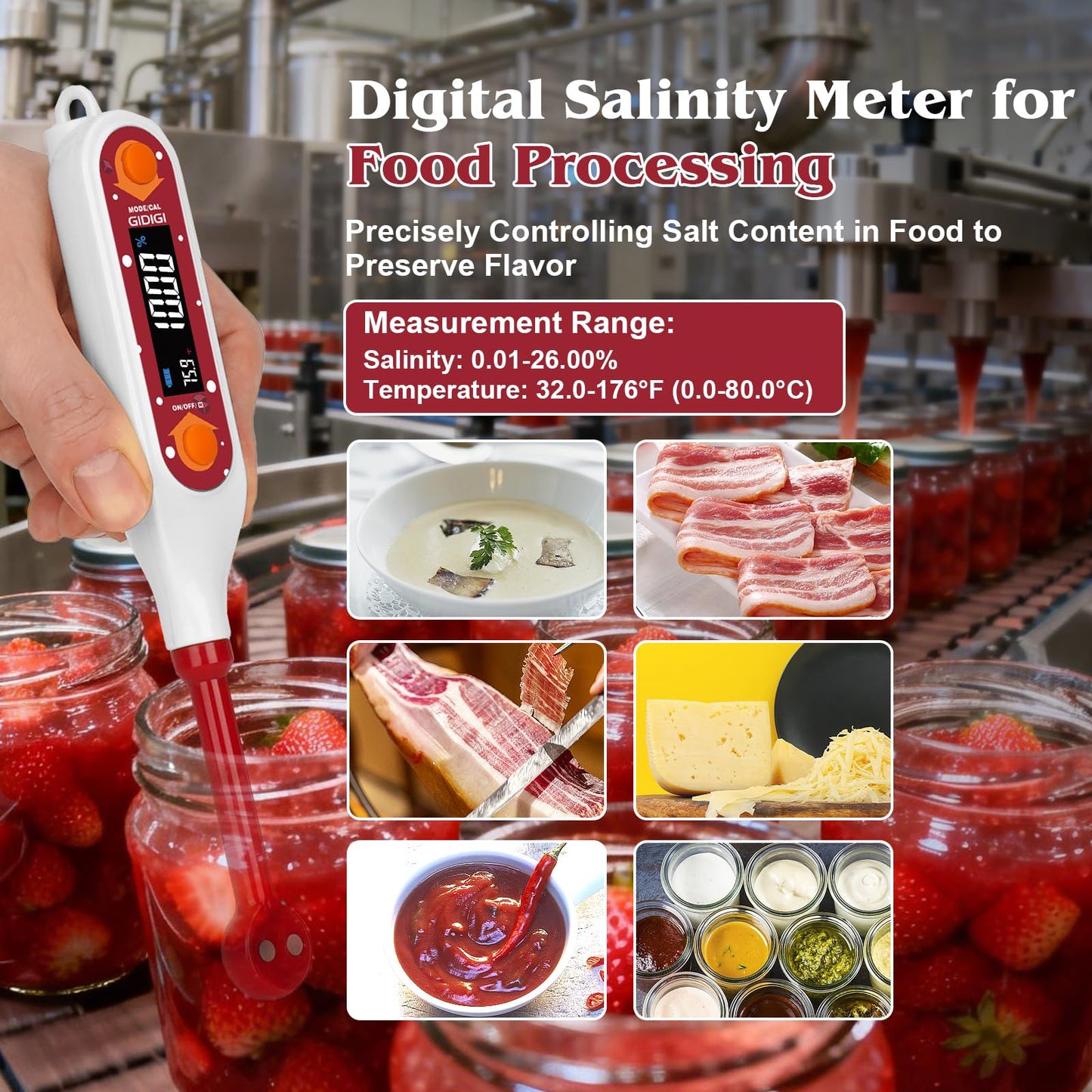GIDIGI Salinity Meter Food Digital Salt Tester Portable Salinometer Reader Measure Salt in Fermenting Hot Soup Cooking Water Salty Food Liquid EC TDS Meter Hydrometer for Lab Water Test Aquaculture