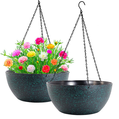 WOUSIWER 13 inch 2 Pack Large Hanging Planters for Indoor Outdoor Plants with Drainage Holes and Chain, Round Hanging Flower Pots for Garden Home Porch Decor, Black with Green Speckles