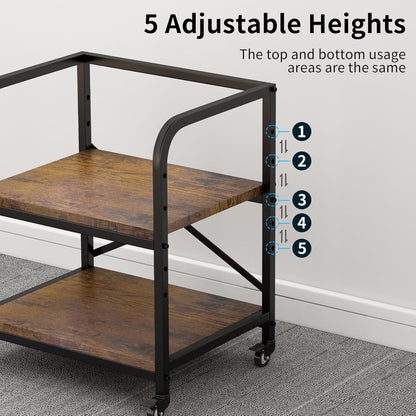 2 Tier Under Desk Printer Stand, Large Printer Table with Height Adjustable Shelf, Rolling Printer Cart with Industrial Wheels for Home Office, Scanner Fax (Rustic Brown)