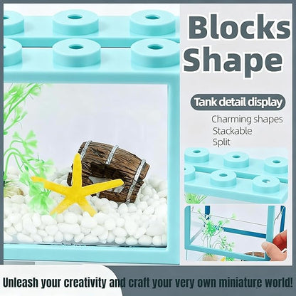 Small Betta Fish Tank, Stackable Mini Fish Tank Tiny Aquarium Kit with Aquarium Gravel & Resin Decorations, 0.6 Gallon Cube Desktop Fishbowl for Snails, Crabs, Starfish (Light Blue)