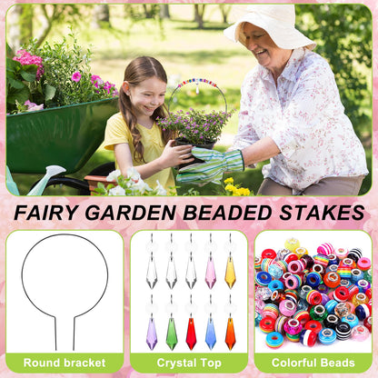 274Pcs Beaded Garden Stakes Kit Fairy Garden Stakes DIY Fairy Wand Garden Stake Beads Kits with 10 Colorful Crystal Charm 10 Round Arch Stand 250 Colorful Beads for Garden Craft Supplies