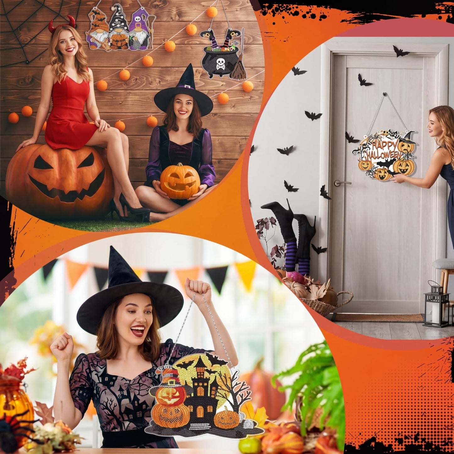 Chitidr 6 Pcs Halloween Diamond Painting Hanging Sign Set Witch Pumpkin Gnome Diamond Art Paint Arts Set 5D DIY Ornaments Kits for Halloween Wall Door Window Decor