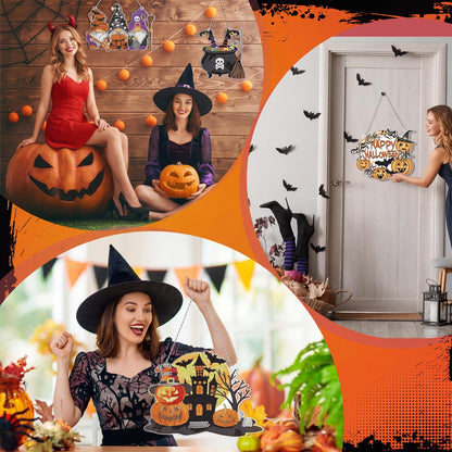 Chitidr 6 Pcs Halloween Diamond Painting Hanging Sign Set Witch Pumpkin Gnome Diamond Art Paint Arts Set 5D DIY Ornaments Kits for Halloween Wall Door Window Decor