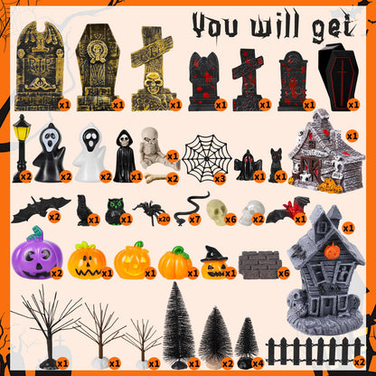 88 PCS Halloween Village Accessories Set Halloween Haunted Houses Village Miniatures Ornaments with Pumpkins Ghost Tombstones Tree Fake Spiders Fence Streetlamp Figurines for Party Home Table Decor