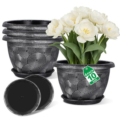 10-Inch -Plastic-Pots -For-Plant With Saucer, 4 Pack Outdoor Planters With Drainage Holes, Decorative Flower Pots For Indoor Plants, Modern 3D Swirl Silver Plant Pots With With Removable Tray
