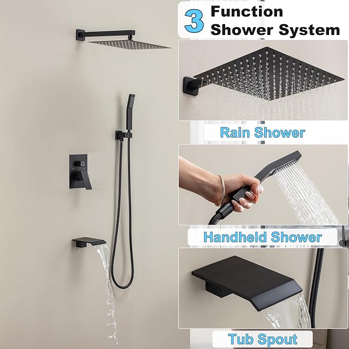 Matte Black Shower System with 10-Inch Rain Showerhead and Tub Spout | cUPC-certified pressure balance brass valve to prevent scalding, CEC-certified air injection technology for low pressure