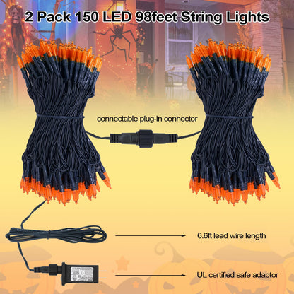 ILLUMINEW Orange Halloween Lights, 2 Pack 98ft 150 Count String Lights, Plug-in Waterproof Fall Lights for Spooky Halloween Yard Party Decor (Orange, 150 Count - 2 Pack)
