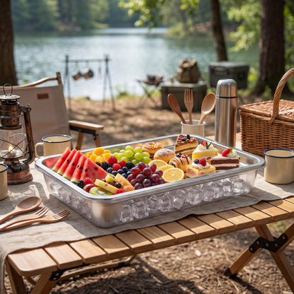 FoldTier 3 Set 14.2" Chilled Serving Trays for Parties with Compartments Stainless Steel Ice Chilled Party Platter Charcuterie Serving Board Cold Dish Dip for Fruits Veggies Shrimp Cocktail