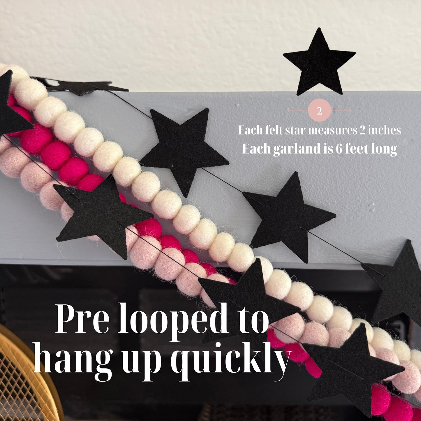 Black Felt Star Garland – 2 Banners (12 Feet Total!) Prestrung New Years Star Banner for New Years Eve Party, Goth Christmas, or Halloween Decor. No DIY! Black Party Decorations