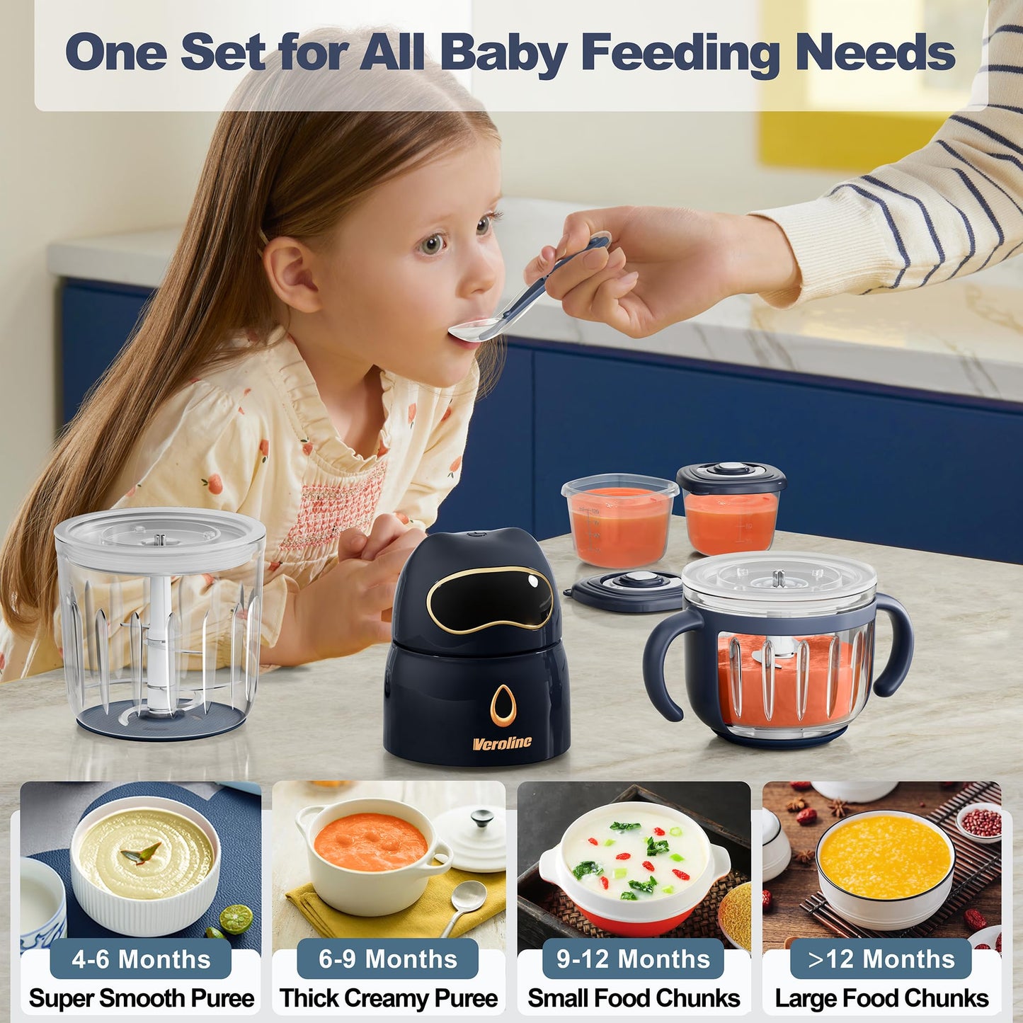 Veroline Baby Food Maker, 10-in-1 Baby Food Processor Set with 2 Glass Bowls (600ml+300ml), Baby Food Blender for Baby Puree, Fruit, Meat, Vegatable, Baby Food Storage Containers, Baby Essentials
