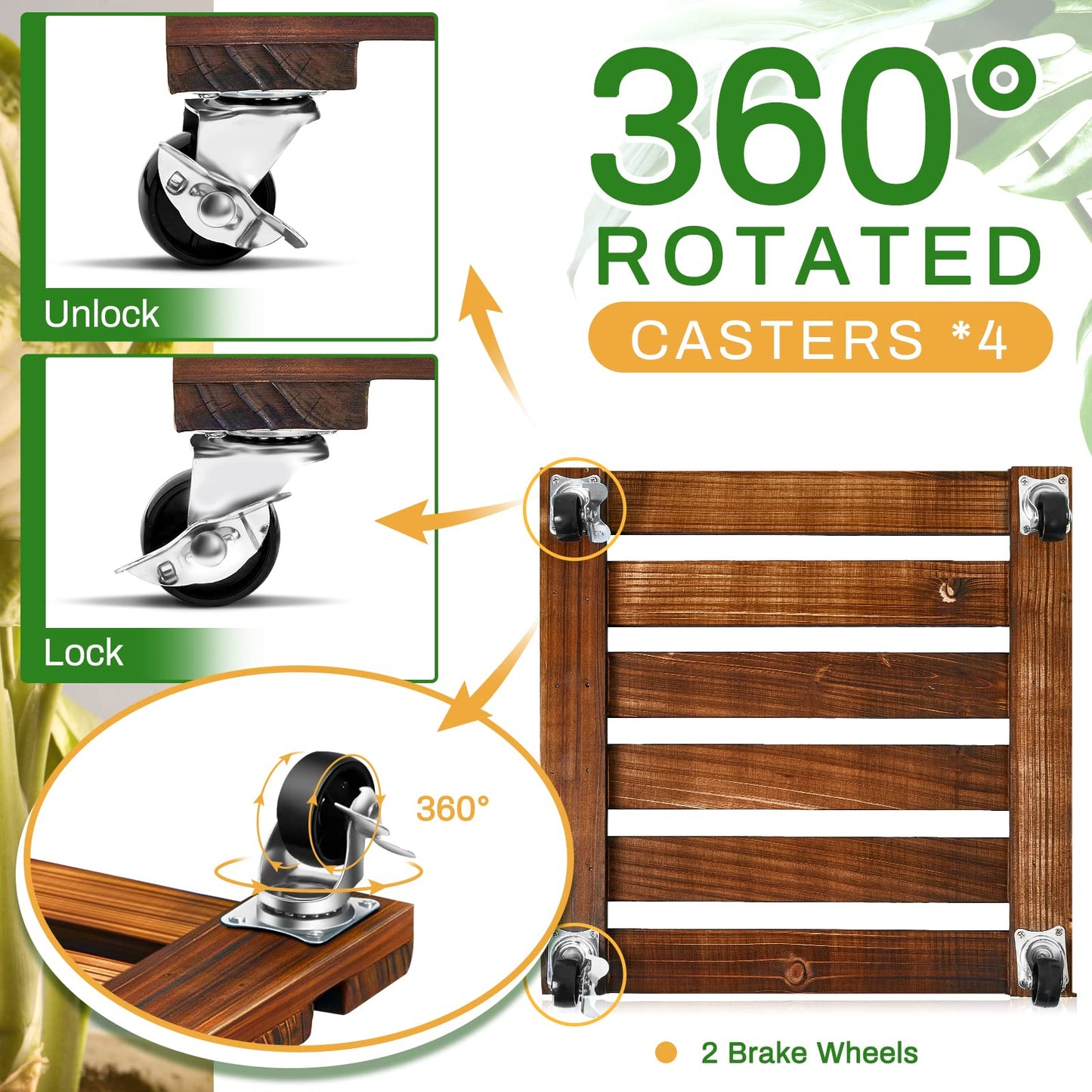 Taiyin 2 Pack 16 Inch Wooden Plant Stand with Lockable Wheels 220 Lbs Heavy Duty Plant Stand with Casters Strong Roller Dolly Base for Outdoor Indoor