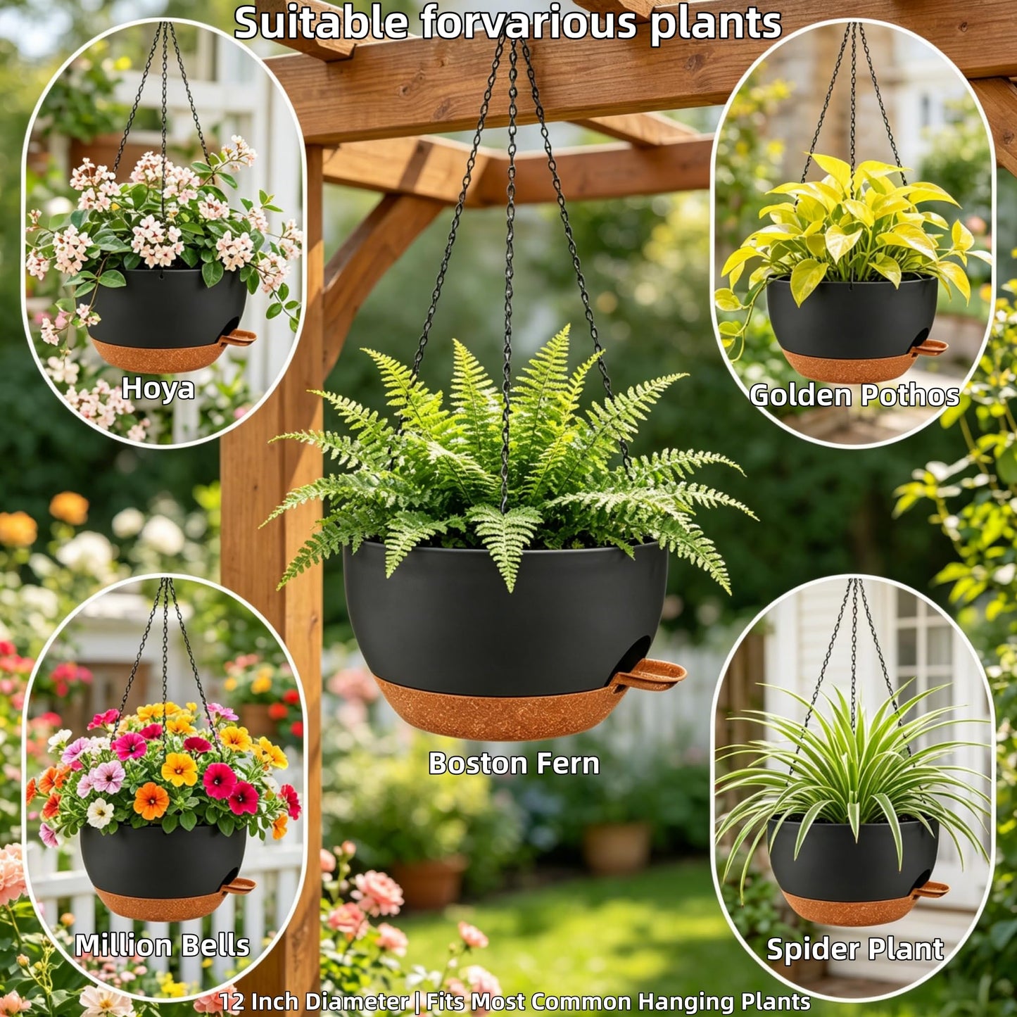 zople 2 Pack 12 Inch Self Watering Hanging Planters for Indoor Plants, Large Black Brown Plastic Hanging Pots with Chains for Outdoor Patio Garden Home Decor Black Brown