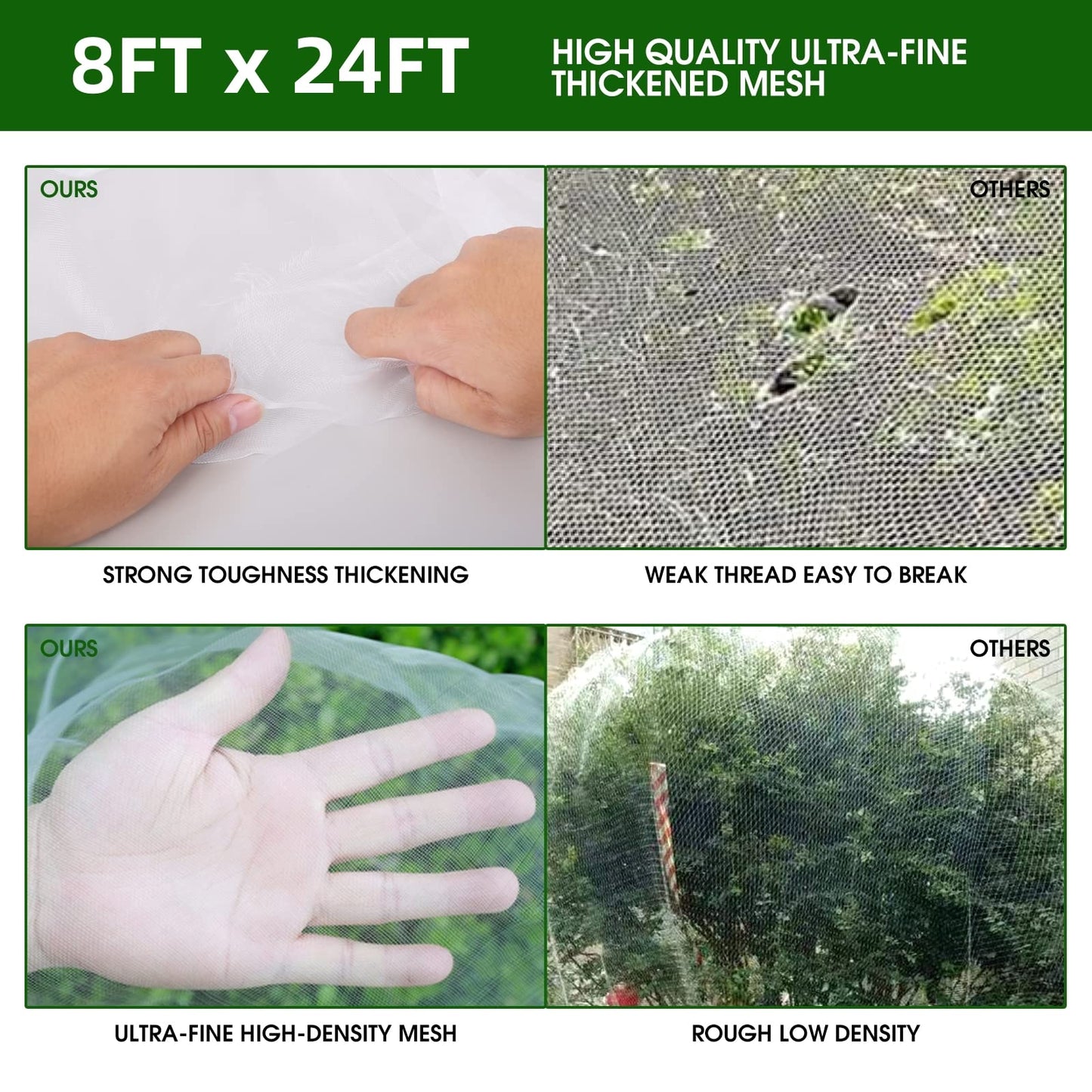 Garden Netting Kit for Raised Beds, 8x24Ft Ultra Fine Mesh Netting with 6 Sets Garden Hoops, Plant Row Cover Insect Netting Birds Pest Barrier Net for Vegetable Fruit Flowers