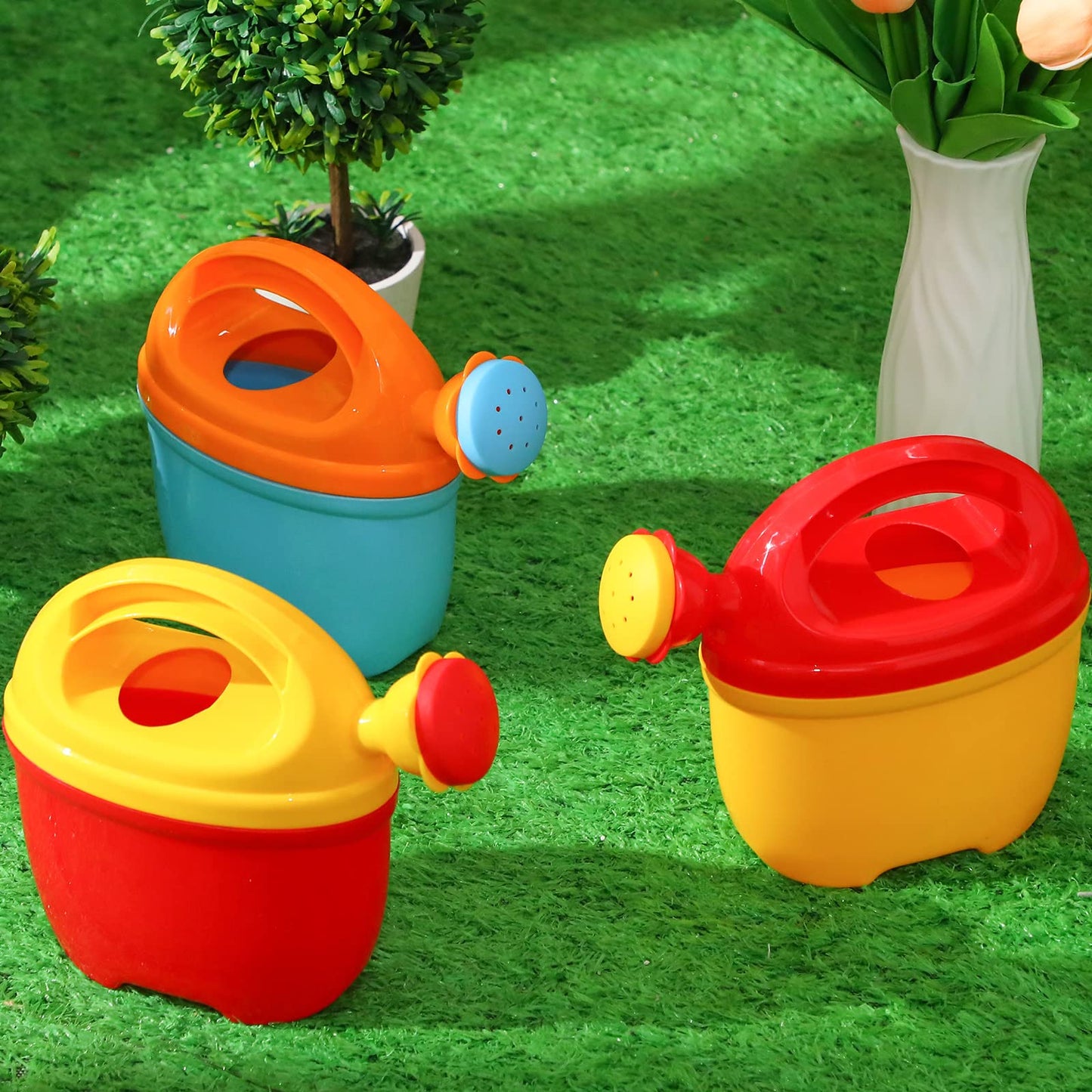 Lenwen 6 Packs Plastic Watering Can for Kids Garden Equipment Toy Watering Pail for Girls and Boys Plant Watering Can Bath Garden Toys Gardening Beach Tools (3 Colors)