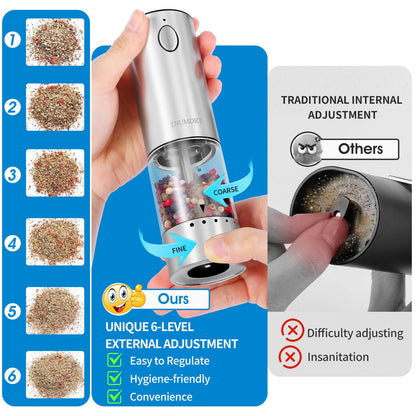 Electric Salt and Pepper Grinder Set Stainless steel,Large Capacity Automatic Pepper Mill Grinder with Upgraded Rechargeable Base and LED Light, Variable Grinding Speed, External Adjustable Coarseness