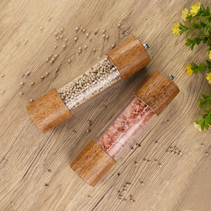 Haomacro 2 Pack Salt and Pepper Grinder Set, Premium Acrylic Salt and Pepper Mills - Manual Oak Wooden Shakers with Adjustable Ceramic Core-8 Inches