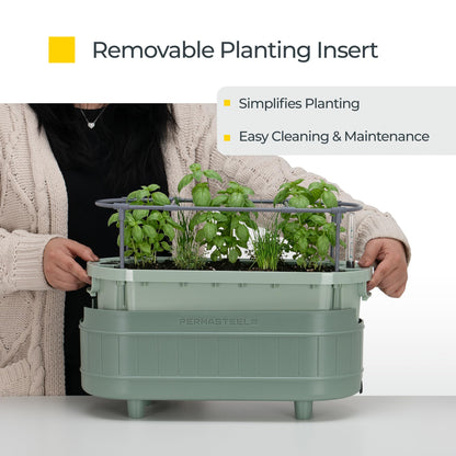 Permasteel Herb Garden Planter with Trellis Support, Self-Watering System with Water Level Indicator, Fits Multiple Herb Plants, for Basil, Flowers, Succulents, Indoor & Outdoor, Green