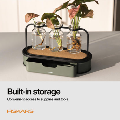 Fiskars Plant Propagation Station, Glass Test Tube Vases for Rooting Cuttings w/Metal Rack & Storage Drawer, Hydroponic System for Indoor Gardening Decor, Straight Sided Flutes for Easy Root Removal