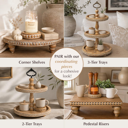 Candle Pedestal [Set of 2] Round Rustic Wood Beaded Risers - Sturdy 2-Sided Stackable Decor Pedestal Stands for Tiered Tray, Candle, Mug Display, Risers Display Stands (Rustic Brown, 5 inch)