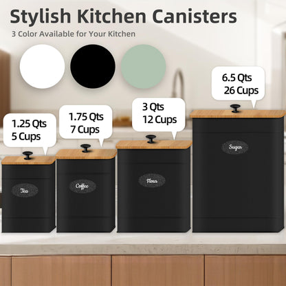 Canisters Sets for the Kitchen Set of 4, Metal Sugar Flour Coffee Storage Containers for Countertop with Airtight Lids, Customizable Chalkboard Labels & Marker Pen, Storage Jars Canisters - Black
