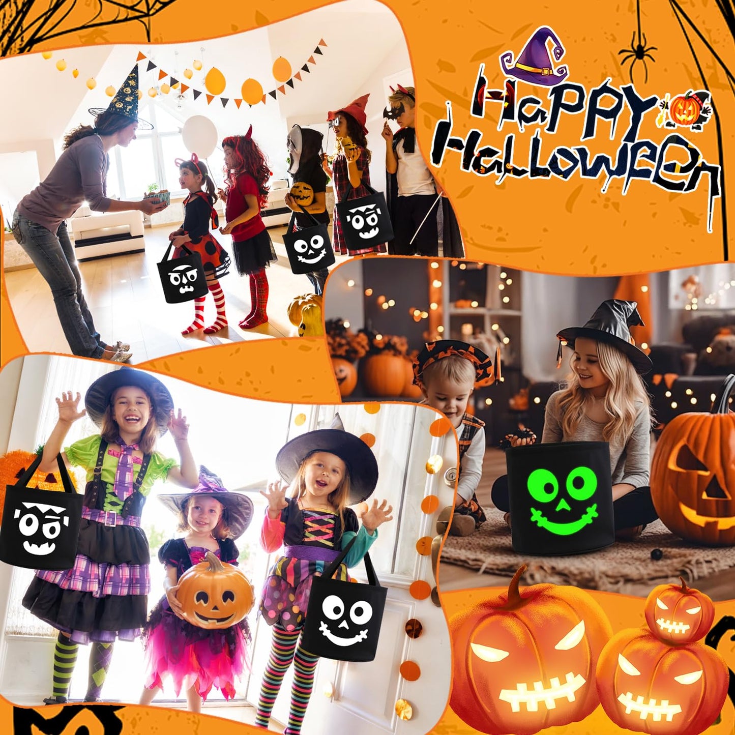 JCJ 3PCS Trick or Treat Bags Halloween Basket Candy Bucket Multipurpose Portable Collapsible Reusable Goody Bucket for Kids Halloween Party Favor
