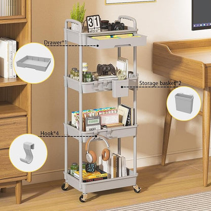 4 Tier Rolling Utility Cart with Drawer, Plastic Storage Organizer Rolling Carts with Wheels Handles Hanging Cups Hooks for Office, Bathroom, Kitchen,Craft Art Room (Grey)