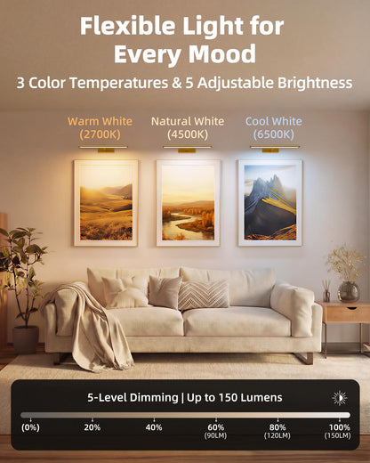 EZVALO Picture Light for Wall, 4800mAh Rechargeable Wireless Remote, Dimmable Magnetic LED Art Display Light with 3 Color Temperatures, for Gallery, Living Room, Bedroom, Hallway (Gold-2Pack)