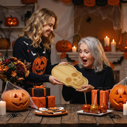 Unique Large Bamboo Wood Halloween Charcuterie Cheese Cutting Board Spooky Skeleton Decorative Serving Platter Tray for Thanksgiving Christmas Housewarming Party (1)