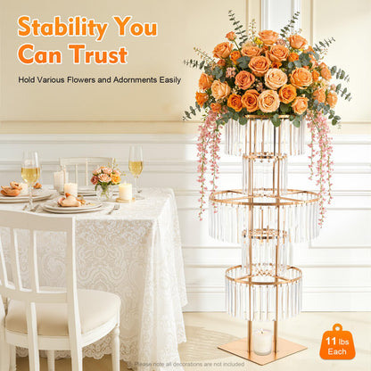 2 PCS 5 Tier Crystal Flower Stands, 43.3in Tall Wedding Centerpieces, Crystal Flower Stand with Hanging Crystals for a Wedding, Birthday Party, Celebration, Home Decoration, Living Room (Gold, Square)
