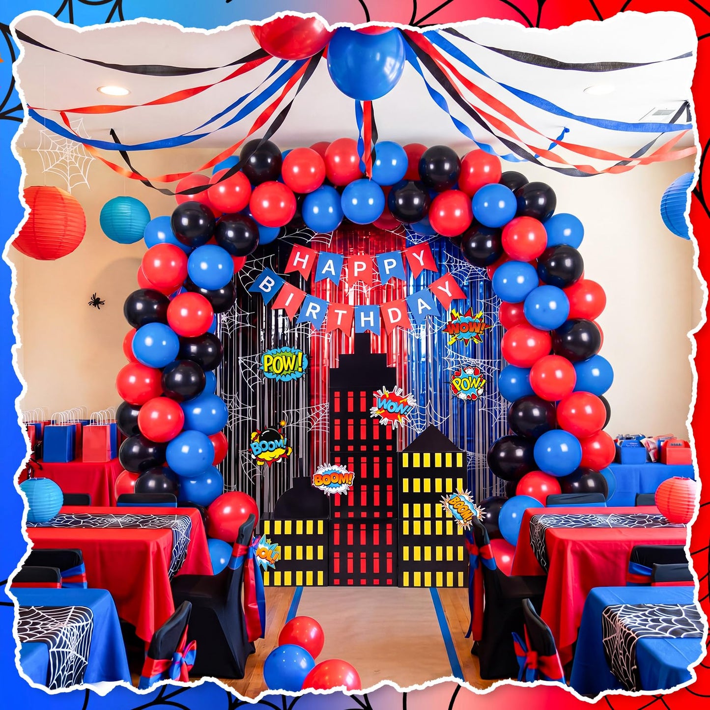 Sliner 47 Pcs Spider Web Birthday Decorations, Tinsel Foil Fringe Curtains Balloons Skyscraper City Boxes set, Spider Party Supplies Red Black Blue Photo Booth Prop Backdrop Streamer, Backdrop Decor