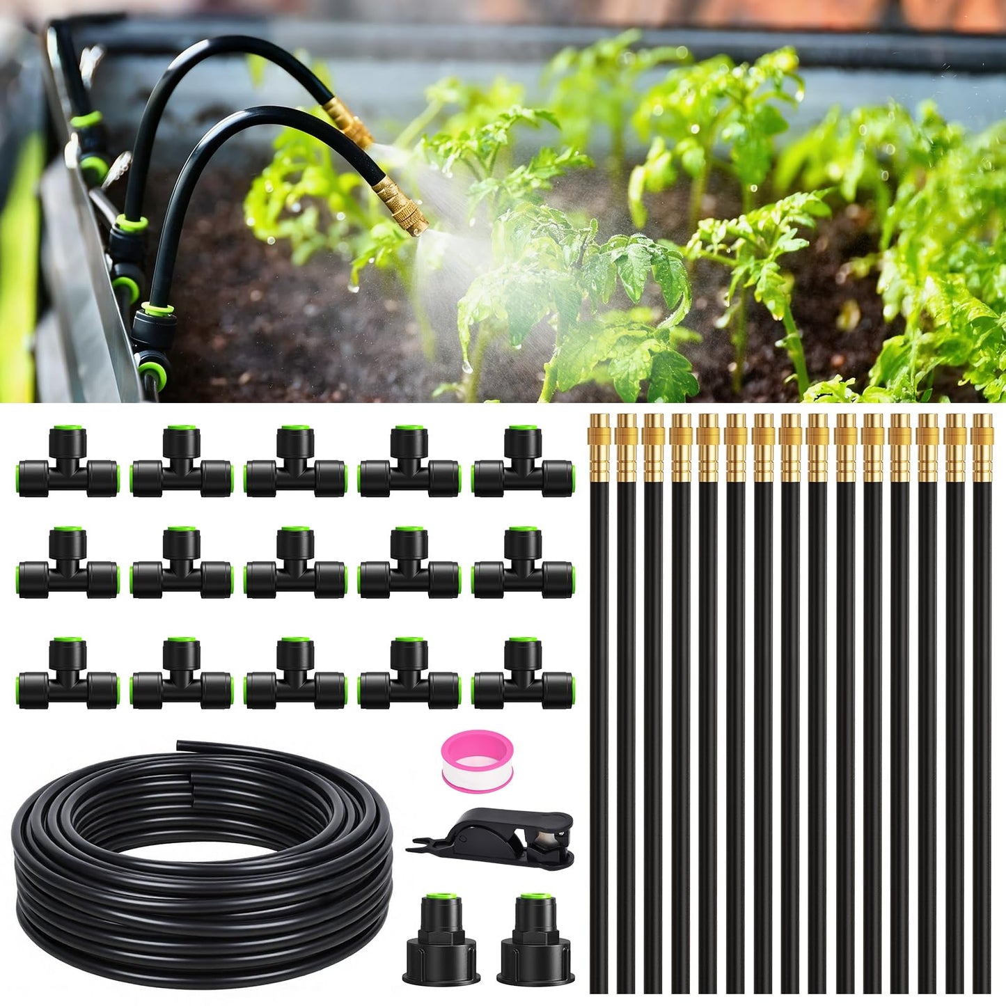 RAINPOINT 50FT Drip Irrigation System, Garden Watering Kit with 15pcs 360°Adjustable Copper Nozzles, Automatic Atomizing Watering Sprinkler System for Greenhouse, Lawn, Raised Beds, Outdoor Plants