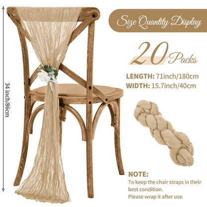 Teruntrue Cheesecloth Chair Sashes Aisle Decorations 20 Packs, Chair Bow Designed Decorative Chair Cover Chair Sashes 70 Inch for Wedding Reception Party Hotel Decoration(Beige)