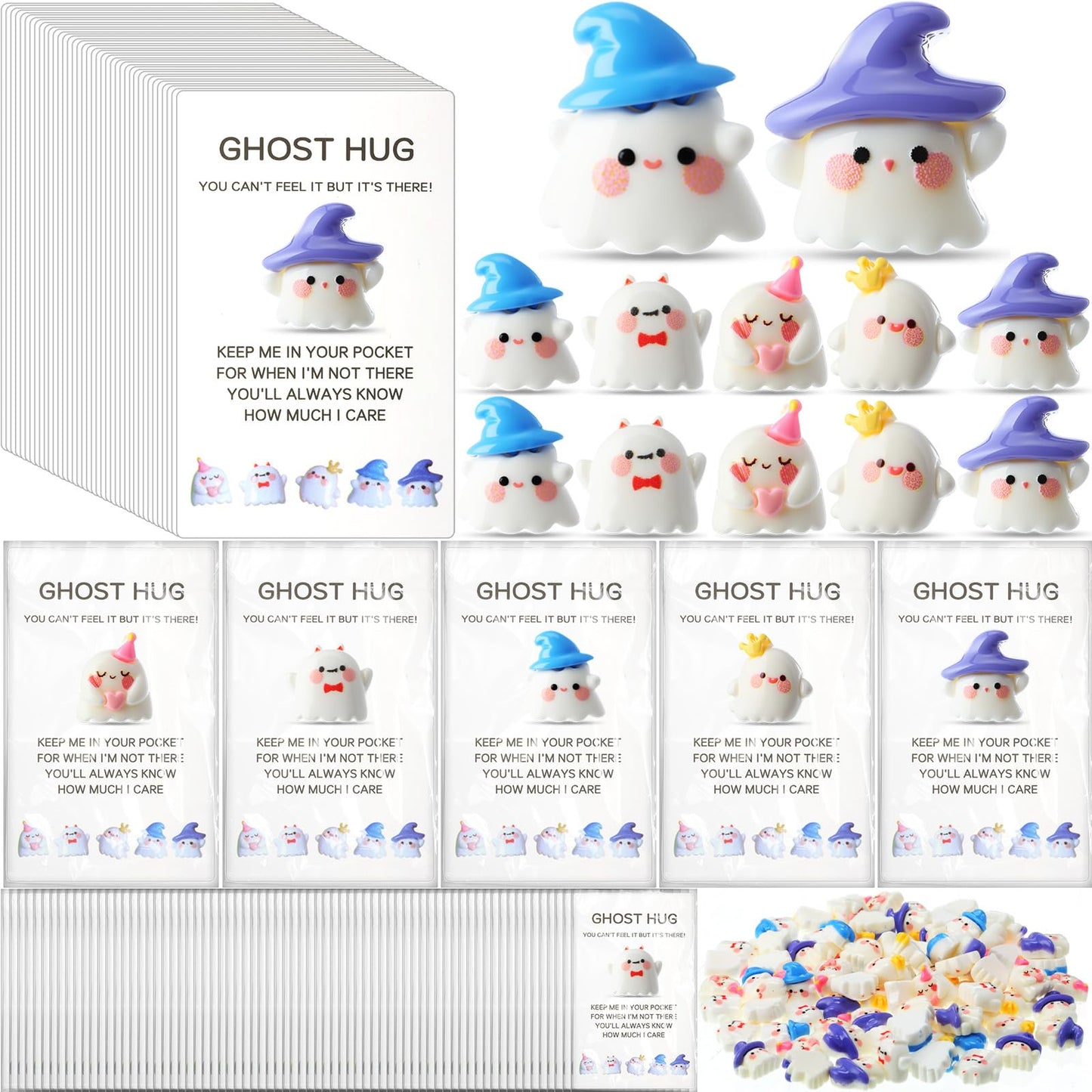 Fiwochic 100 Set Halloween Ghost Pocket Hug Token Gifts Bulk Mini Resin Ghosts Figurines with Cards and Bags Cute Miniature Halloween Party Favors Classroom Rewards Trick or Treat Goodies Bag Filler