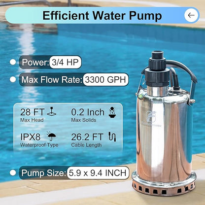 FLUENTPOWER 3/4HP Submersible Sump Pump, 3300GPH Stainless Steel Utility Water Pump, Manual Control with 26-Foot Cord for Pool Tub Garden Pond Basement Flood Cellar Draining
