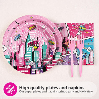 Grencian 96 Pcs Pink Spider Birthday Party Supplies Super Girl Hero Paper Plates and Napkins Spider Pink Ghost Decorations Tableware Set for Girls Birthday Baby Shower Serves 24