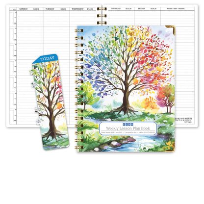 Elan Publishing Company HARDCOVER 7 Period Dated Teacher Lesson Plan; Days Horizontally Across The Top Dated for 2026-2027 Academic Year with Bonus Clip-in Bookmark (Tree Seasons)