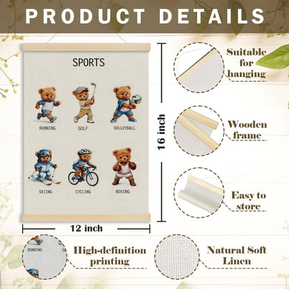 MOTERMATE Bear Sports Nursery Poster Hanger Frame, Sports Wall Hanging Decor Art Framed for Toddlers Kids Boys Room Nursery Bedroom Playroom, Kids Playroom Wall Poster Prints, 12x16 Inch