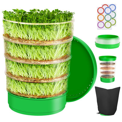 HK Stackable Seed Sprouting Kit, 4-Tier Microgreens Growing Kit with Drain Holes and Drain Tray, Fresh Organic Bean Seed Sprouter Tray, Soil-Free Sprouter Tray for Beans Alfalfa Seeds