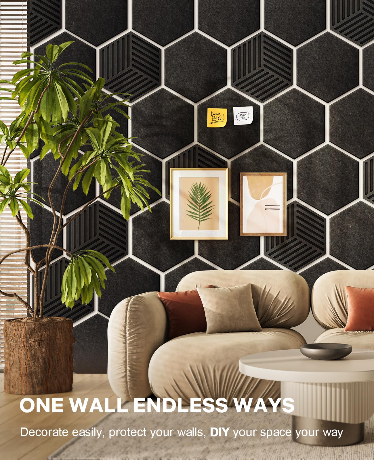 Hexagon Large Cork Bulletin Board Tiles, Peel and Stick Felt Wall Panels for Vision, Message Center, Picture and Prayer Board for Office, Dorm, Room and Desk Decor(Black)