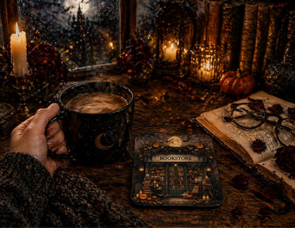 Halloween Bookstore Scene Coaster Set – Gothic, Spooky, Pumpkin and Witchy Bookshop Art for Cozy Autumn Decor (October Bookstore)