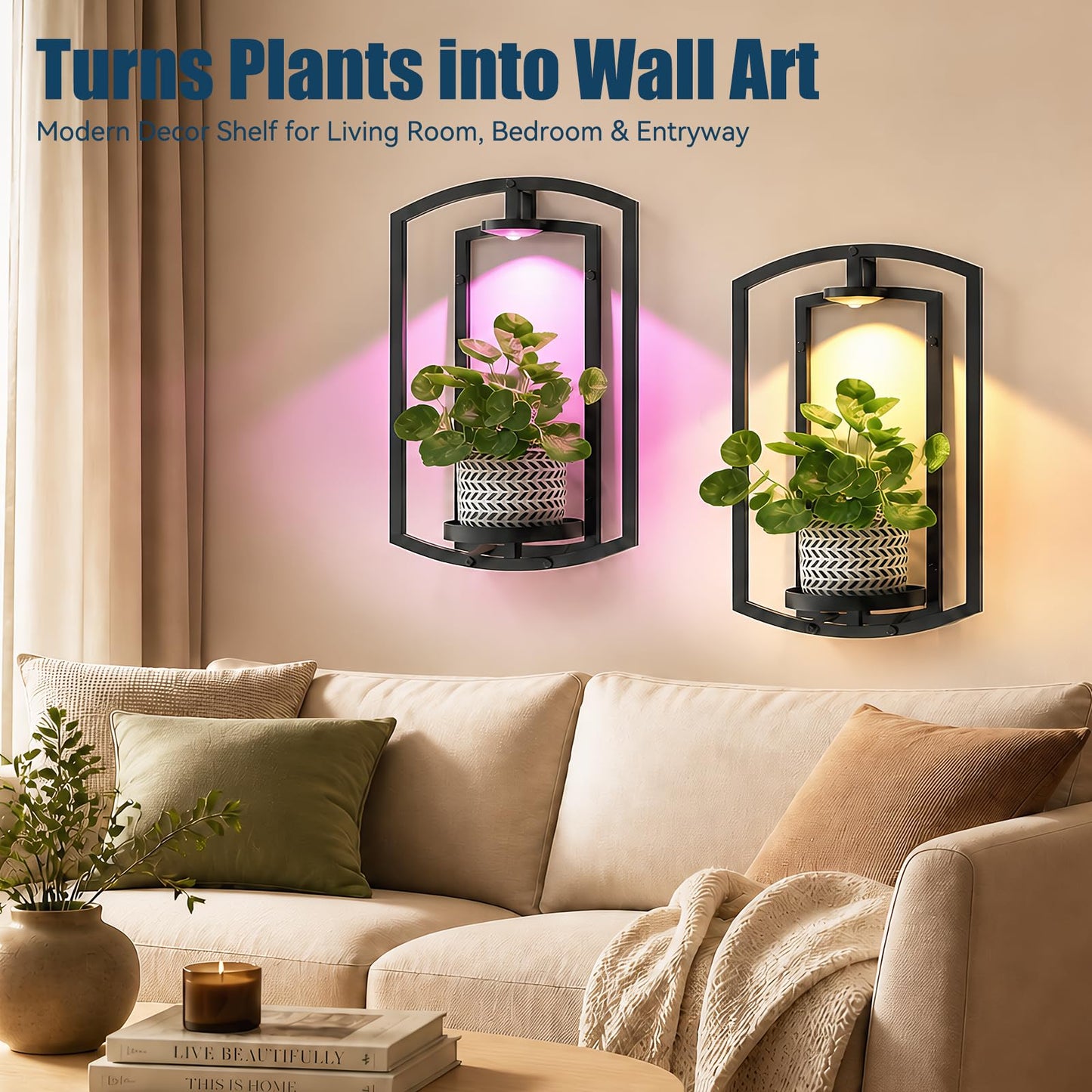 AUCCNT Wall Plant Holder with Remote Grow Lights, Framed Plants Holder for Indoor Plants Wall Decor, Living Room Plant Stand, Window Plant Shelves, 1 Pack
