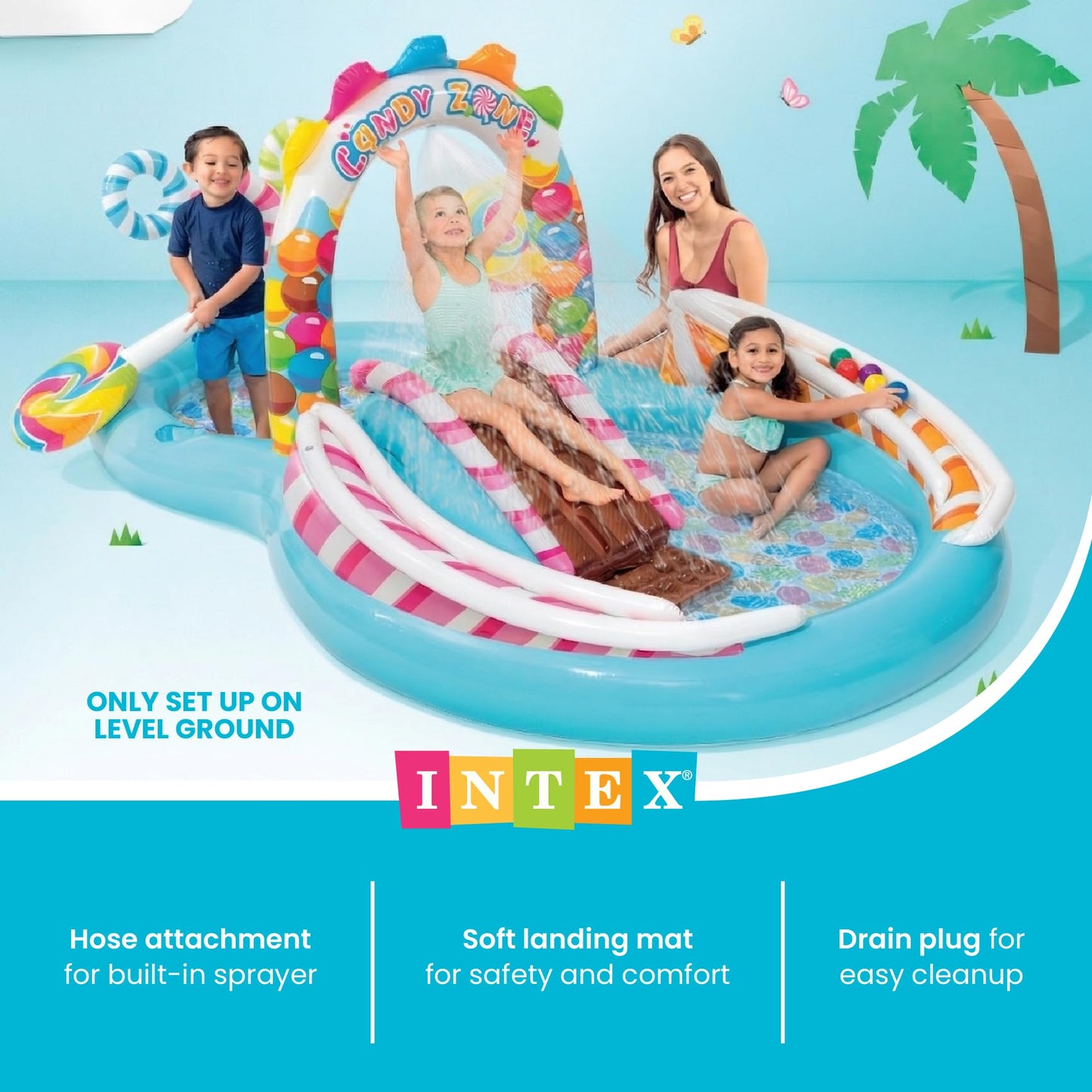 INTEX Candy Zone Inflatable Kiddie Pool: Inflatable Kids Pool with Water Sprayer and Slide – Splash Pad – 116" x 75" x 51" – Ages 3+