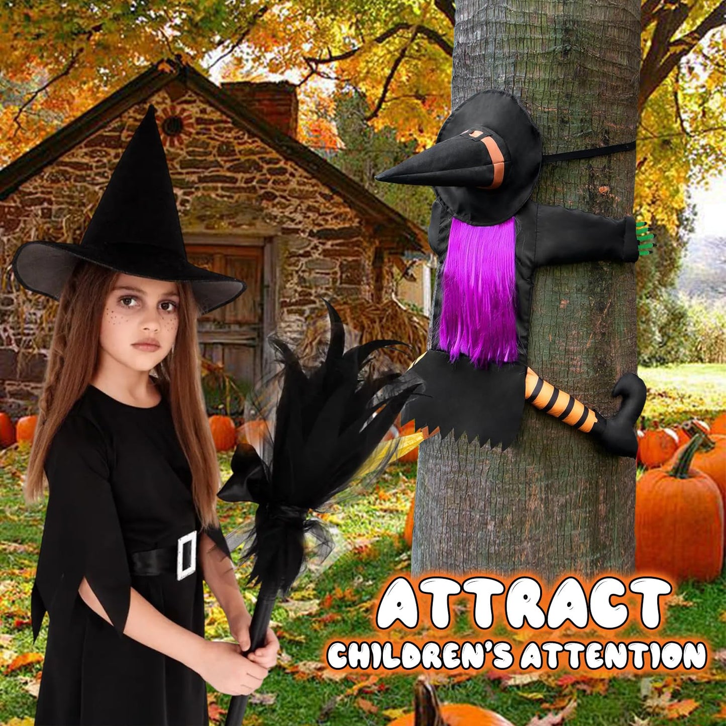 Qivine 39.4" Crashing Witch Halloween Decoration, Flying Crashing Witch into Tree, Halloween Outdoor Decor with Durable Nylon, Flying Witch on Broom Colliding for Yard Garden Porch Tree