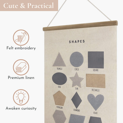 Bon et Beau 16×24 Inch Embroidered Shape Poster Framed with Wood Hanger - Neutral Gray Wall Decor for Boys Nursery, Bedroom, Playroom, Toddler and Kids Room