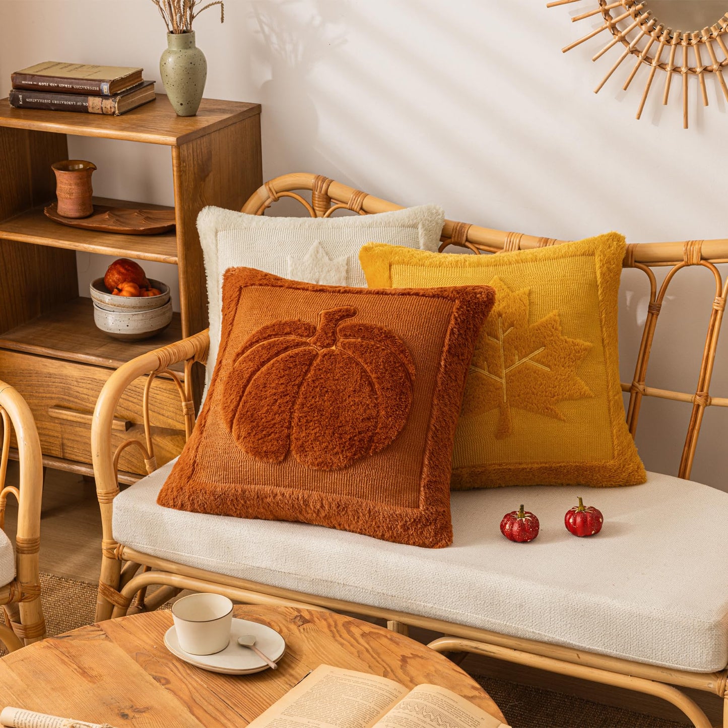COSIBONO Rust Red Pumpkin Fall Throw Pillow Covers 18x18, Set of 2 Cute Fall Halloween Pillow Cases for Sofa Autumn Decor Soft Faux Fur Farmhouse Cushion Covers for Thanksgiving Living Room Bedroom